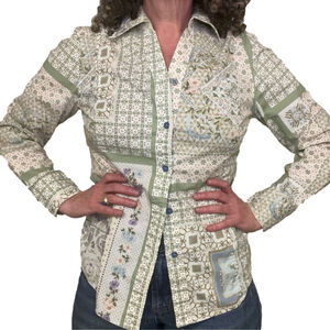 VINTAGE TABI Patchwork Button Up Shirt Blouse Cream Sage Green Pastel Floral XS